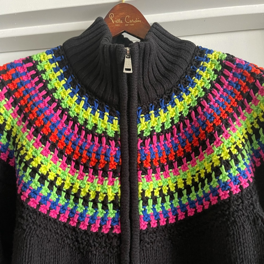 Lauren Ralph Lauren Black Zip Front Sweater with Neon Multicolor Yoke